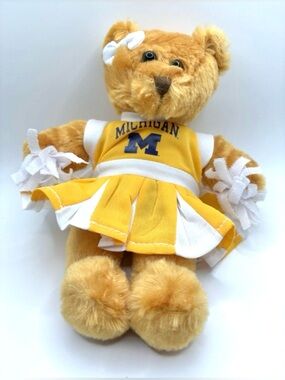University of Michigan Wolverines Cheerleader Teddy Bear Plush 8” Maize Pom Poms